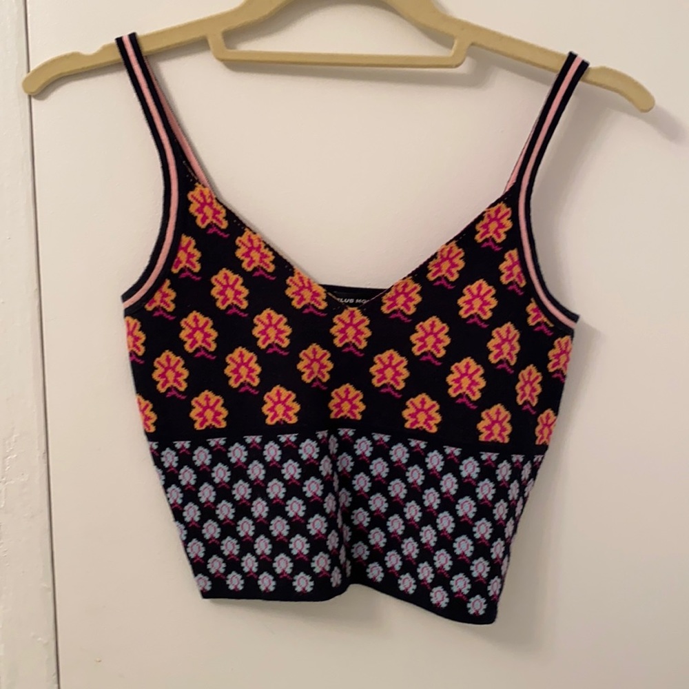 Club Monaco Black Floral Patterned Knit Crop Top with Pink and Yellow Accents